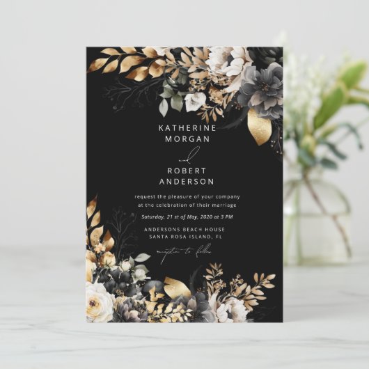 Waterverf Zwart Goud Bloemen Bruiloft Kaart (Staand voorkant)
