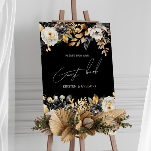 Waterverf Zwart Goud Bloemen Bruiloft Poster