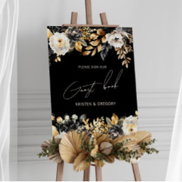Waterverf Zwart Goud Bloemen Bruiloft Poster
