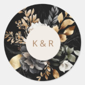 Waterverf Zwart Goud Bloemen Monogram Bruiloft Ronde Sticker (Voorkant)