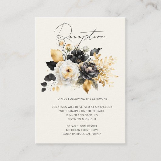 Waterverf zwart goud bloemenontvangst informatiekaartje (Voorkant)