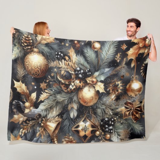 Waterverf Zwart Goud Kerstmis Motieven Vakantie Fleece Deken (In situ)