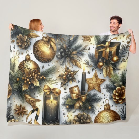 Waterverf Zwart Goud Wit Kerstvakantie Fleece Deken (In situ)