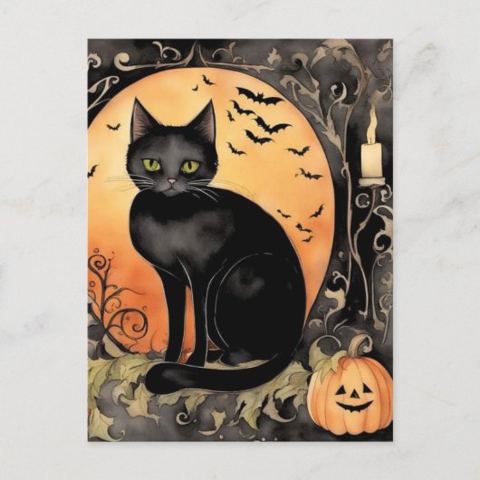 Waterverf Zwart Halloween Cat Briefkaart (Voorkant)