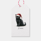 Waterverf Zwart Kat in Feestelijke Santa Hat Gift  Cadeaulabel (Voorkant)