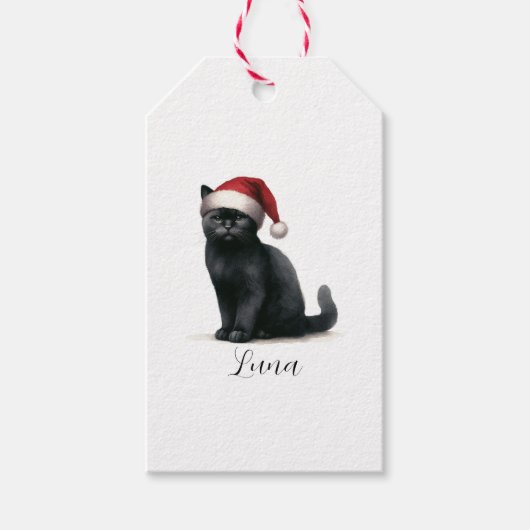 Waterverf Zwart Kat in Feestelijke Santa Hat Gift  Cadeaulabel (Voorkant)
