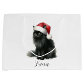 Waterverf Zwart Kat in Feestelijke Santa Hat Gift Groot Cadeauzakje (Voorkant)