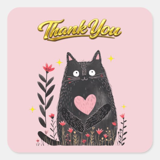 Waterverf Zwart Kat met Hart Bedankt Vierkante Sticker (Voorkant)