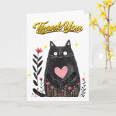 Waterverf Zwart Kat met Hart Dank Je Kaart (Gele Bloem)