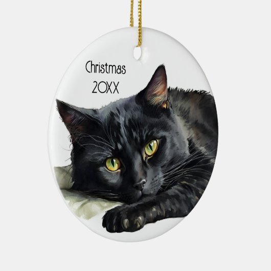 Waterverf zwart kat op wit keramisch ornament (Rechts)