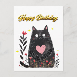 Waterverf Zwart Kat Roze Hart Verjaardag Briefkaart