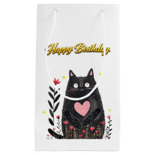 Waterverf Zwart Kat Roze Hart Verjaardag Klein Cadeauzakje