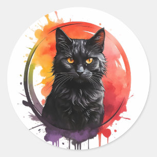 Waterverf Zwart Kat Splatter Kunstportret Ronde Sticker