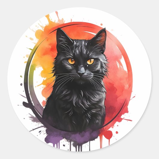 Waterverf Zwart Kat Splatter Kunstportret Ronde Sticker (Voorkant)