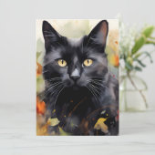 Waterverf zwart kattenportret in Herfst Feestdagenkaart (Staand voorkant)