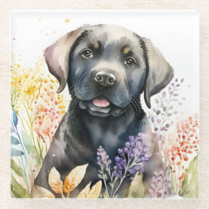 Waterverf Zwart Labrador Retriever en Bloemen Glazen Onderzetter