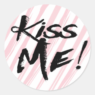 Waterverf Zwart Love Kus Me Roze Strepen Ronde Sticker