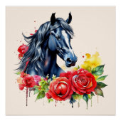 Waterverf Zwart Paard Rood Rozen Perfect Poster (Voorkant)
