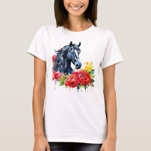 Waterverf Zwart Paard Rood Rozen T-shirt