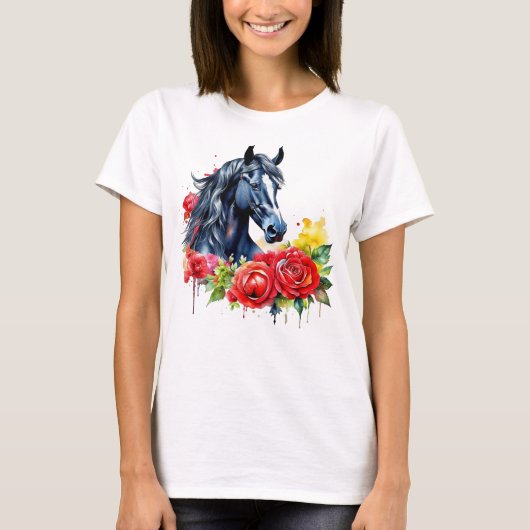 Waterverf Zwart Paard Rood Rozen T-shirt (Voorkant)