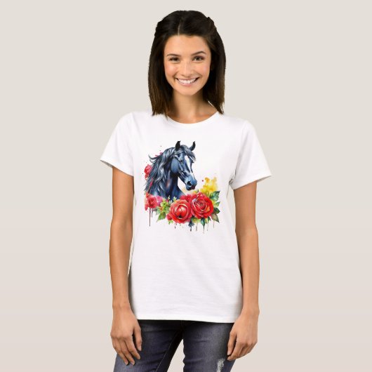 Waterverf Zwart Paard Rood Rozen T-shirt (Voorkant volledig)