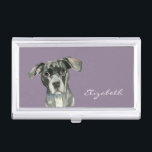 Waterverf zwart Pit Bull Dog Portret Visitekaarthouder<br><div class="desc">Dit is een schilderij van de foto van een zwarte pit-hond. Ze heeft haar hoofd licht gekanteld en naar boven kijkend. Ze heeft bruine ogen. Dit is geschilderd in de waterverf.</div>