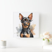 WATERVERF ZWART & TAN MINIATUUR PINSCHER DOG VIERKANTE KLOK (Huis)