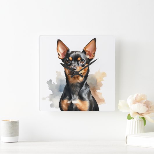 WATERVERF ZWART & TAN MINIATUUR PINSCHER DOG VIERKANTE KLOK (Huis)