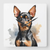 WATERVERF ZWART & TAN MINIATUUR PINSCHER DOG VIERKANTE KLOK (Voorkant)
