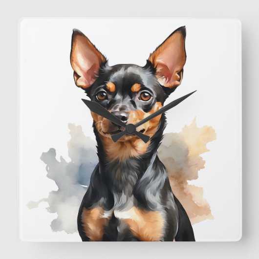 WATERVERF ZWART & TAN MINIATUUR PINSCHER DOG VIERKANTE KLOK (Voorkant)