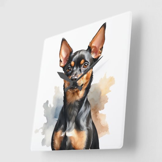 WATERVERF ZWART & TAN MINIATUUR PINSCHER DOG VIERKANTE KLOK (Hoek)
