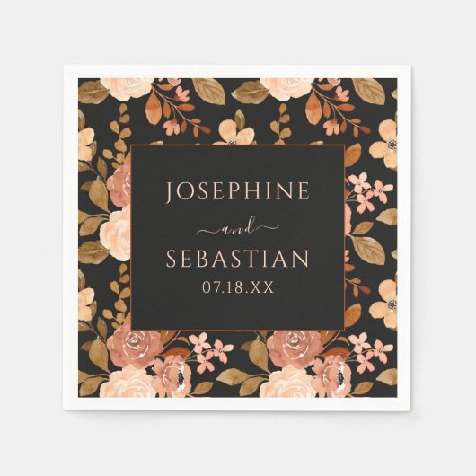 Waterverf Zwart Terracotta Bloemen Herfst Bruiloft Servet (Voorkant)