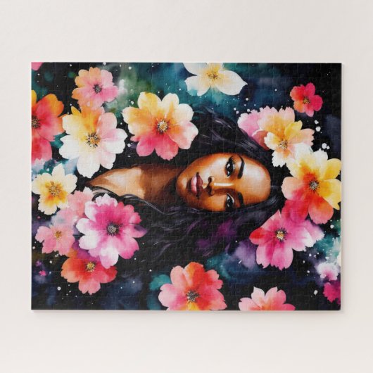 Waterverf Zwart Vrouw Bloemenkunst Legpuzzel (Horizontaal)