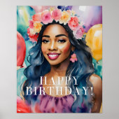 Waterverf Zwart Vrouw Kleurrijk Gelukkig Verjaarda Poster (Voorkant)