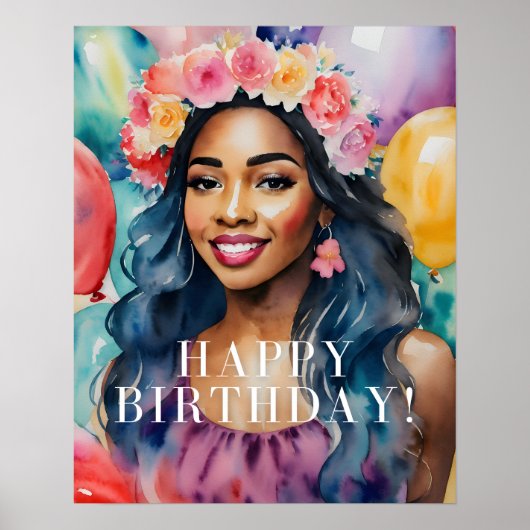 Waterverf Zwart Vrouw Kleurrijk Gelukkig Verjaarda Poster (Voorkant)
