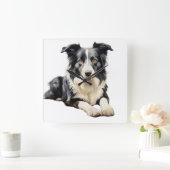 WATERVERF ZWART-WIT BORDER COLLIE DOG VIERKANTE KLOK (Huis)