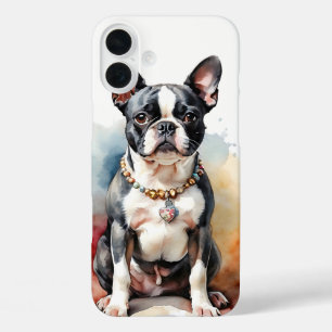 WATERVERF ZWART-WIT BOSTON TERRIER DOG iPhone 16 PLUS HOESJE