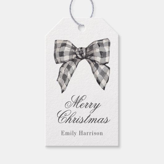Waterverf Zwart-wit Buffel Plaid Bow Cadeaulabel (Voorkant)