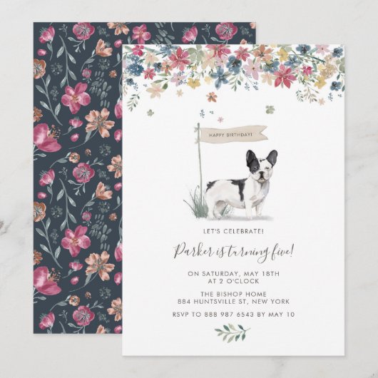 Waterverf Zwart-wit Franse Bulldog Verjaardag Kaart (Voorkant / Achterkant)