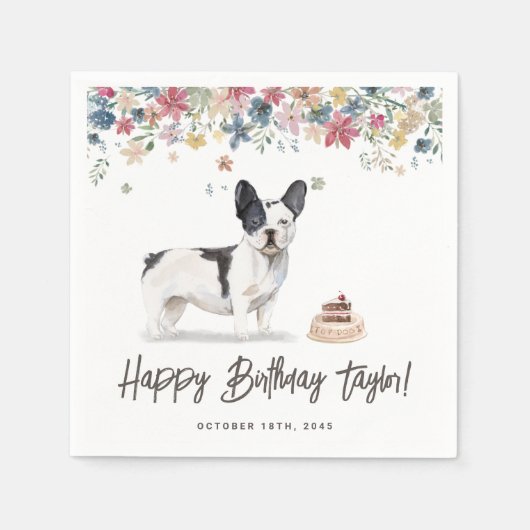 Waterverf Zwart-wit Franse Bulldog Verjaardag Servet (Voorkant)