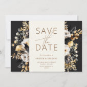Waterverf Zwart Wit Goud Bloemen Save The Date Kaart (Voorkant)