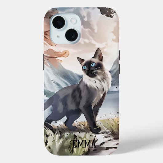 Waterverf Zwart-wit pluizige kat in Natuur Case-Mate iPhone Case (Achterkant)