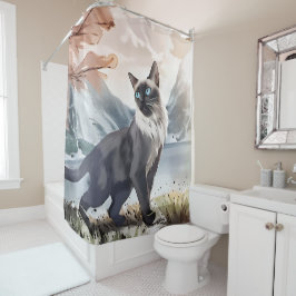 Waterverf Zwart-wit pluizige kat in Natuur Douchegordijn