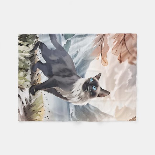 Waterverf Zwart-wit pluizige kat in Natuur Fleece Deken (Voorkant (Horizontaal))