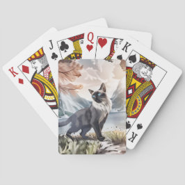 Waterverf Zwart-wit pluizige kat in Natuur Pokerkaarten