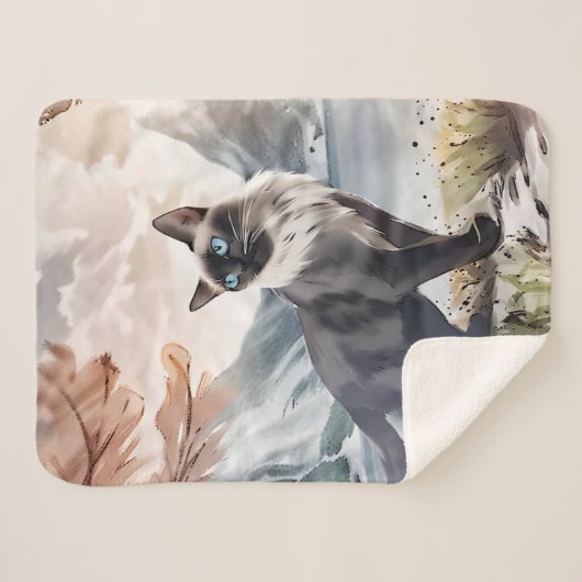 Waterverf Zwart-wit pluizige kat in Natuur Sherpa Deken (Voorkant (horizontaal))