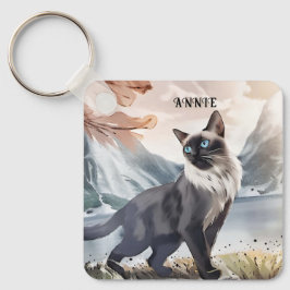 Waterverf Zwart-wit pluizige kat in Natuur Sleutelhanger