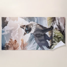 Waterverf Zwart-wit pluizige kat in Natuur Strandlaken