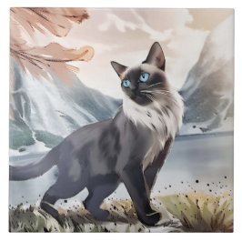 Waterverf Zwart-wit pluizige kat in Natuur Tegeltje