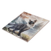 Waterverf Zwart-wit pluizige kat in Natuur Tegeltje (Zijkant)